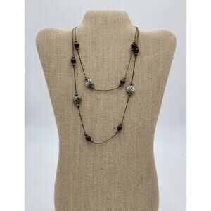 Womens Station Necklace Silver Brown Handmade Beaded Rope Fashion Accessories
